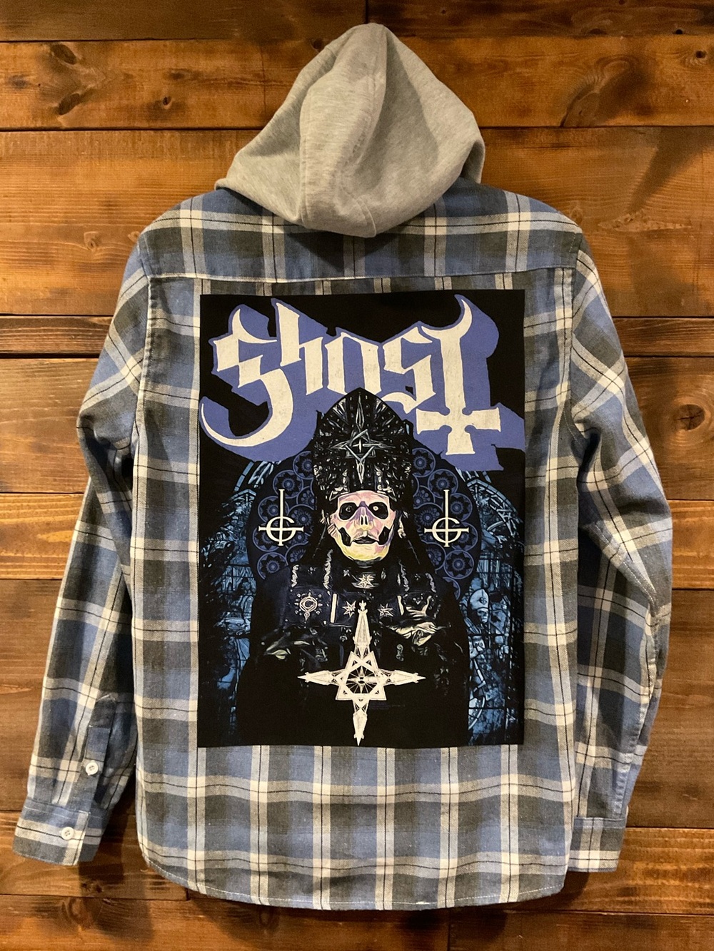 Custom GHOST Distressed Grunge Plaid Flannel Hoodie Shirt Rare Mens Small/Medium